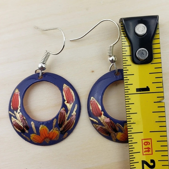 HANDMADE Dangle Earrings Mexican Copper Hand Painted Purple Floral Multicolor - Picture 5 of 5